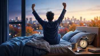 Una persona de espaldas en una cama estira los brazos frente a una ventana, junto a una mesa de noche con un reloj despertador y una taza.