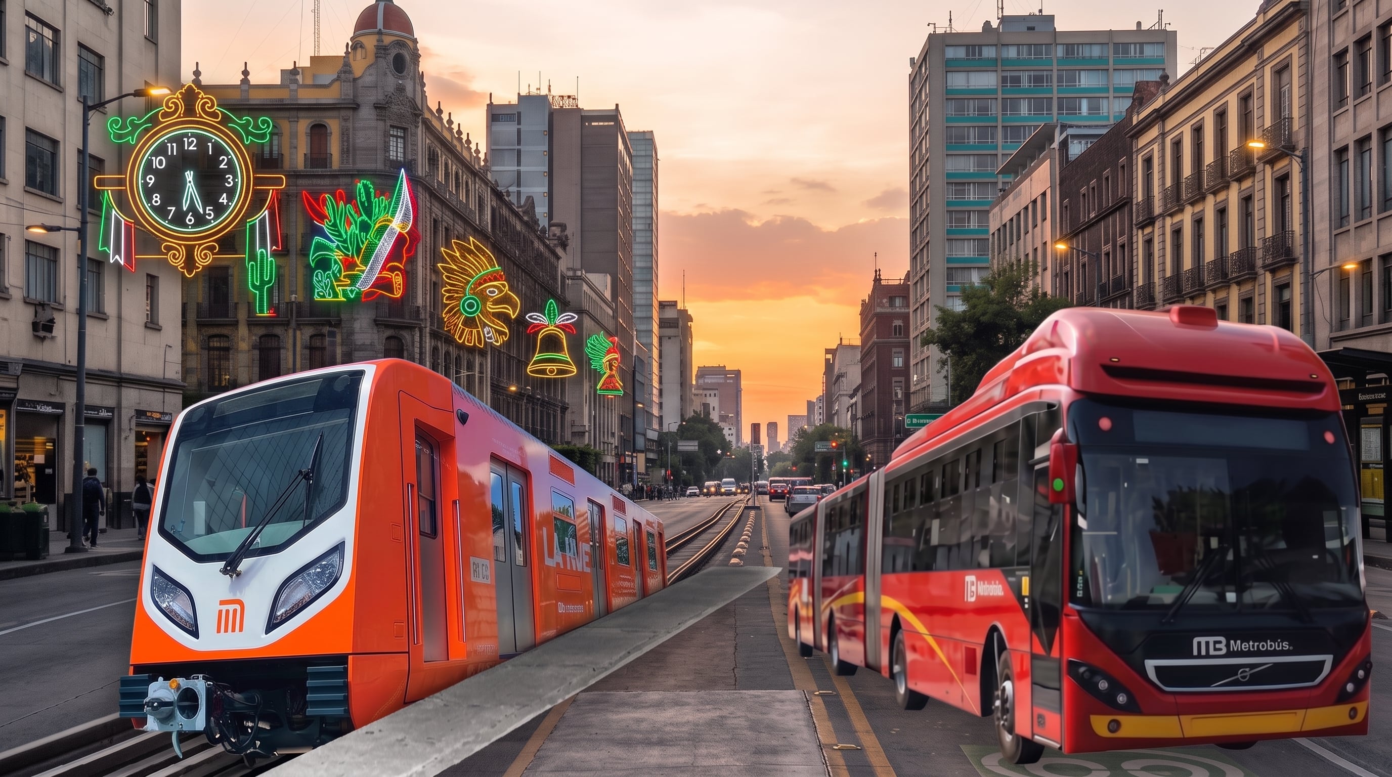 Un vagón del Metro y un autobús del Metrobús recorren una avenida de la Ciudad de México decorada con alumbrado patrio durante el atardecer. (Imagen Ilustrativa Infobae)