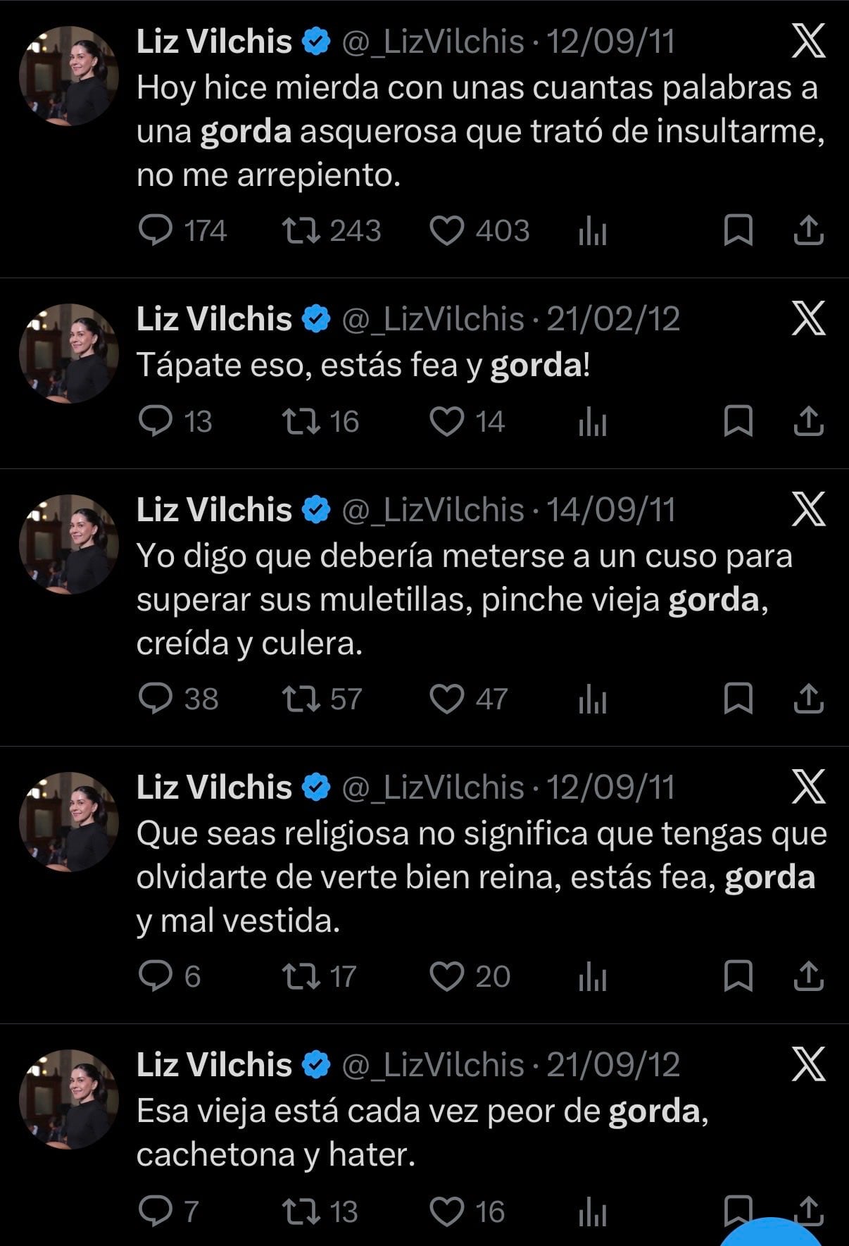 Una serie de mensajes antiguos publicados entre 2011 y 2012 por la cuenta de Liz Vilchis generó polémica en redes sociales. (X)