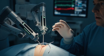 Cirujano con guantes observando brazos robóticos que realizan una cirugía sobre un paciente.
