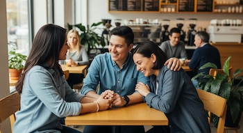 Tres jóvenes adultos, dos mujeres y un hombre, sentados en una mesa de madera en una cafetería luminosa, sonríen y se toman de las manos en un momento de alegría.
