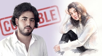Retrato de hombre de cabello oscuro con barba y bigote, camisa blanca. Detrás se ve la palabra CULPABLE. Acuarela de mujer joven con cabello oscuro, suéter blanco y leggings negros.