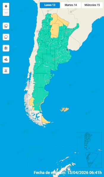 Mapa meteorológico de Argentina mostrando zonas coloreadas en verde y amarillo para el 13 de abril de 2026, con una fecha de emisión de 06:41h