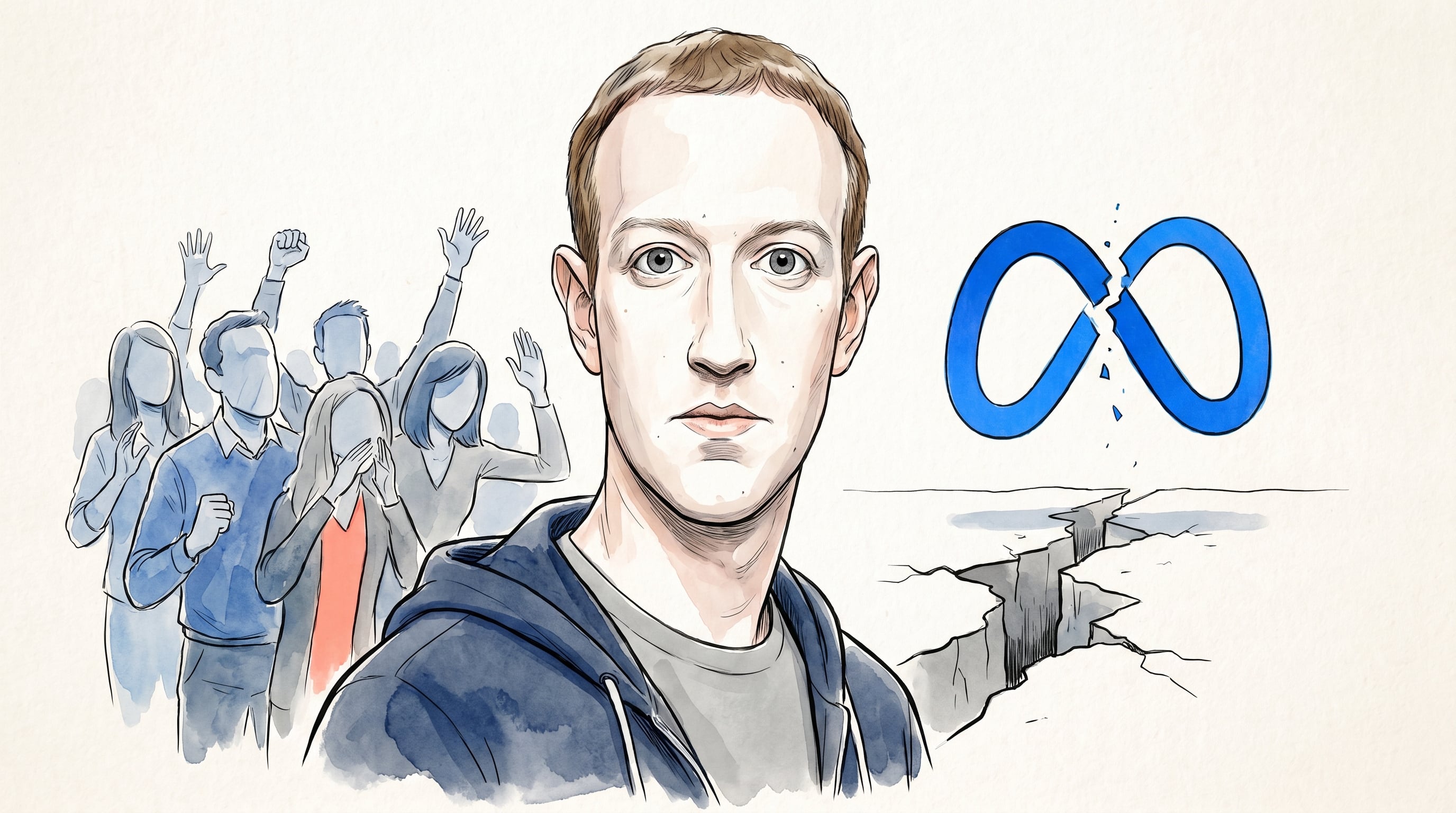 Mark Zuckerberg, CEO de Meta, aparece en una caricatura editorial frente a empleados estilizados que muestran ansiedad y protesta, mientras el logo de Meta se quiebra sobre una fisura, simbolizando la tensión. (Imagen Ilustrativa Infobae)