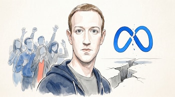 Caricatura de Mark Zuckerberg de medio cuerpo con expresión seria. Detrás, empleados estilizados con gestos de protesta y el logo de Meta roto sobre una fisura.