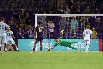 Jul 26, 2024; Orlando, Florida, USA; Orlando City goalkeeper Pedro Gallese (1) makes a save on a penalty kick from CF Montreal forward Josef Martinez (17) in the second half during the group stage of Leagues Cup at INTER&CO Stadium. Mandatory Credit: Nathan Ray Seebeck-USA TODAY Sports