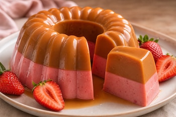 Gelatina circular de dos capas, marrón y rosa, con una porción cortada y fresas enteras y picadas en un plato.