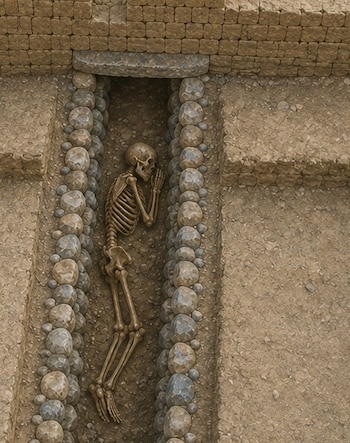 Un esqueleto humano completo acostado dentro de una fosa revestida con piedras, bajo una losa de piedra y una pared de ladrillos