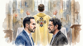 Ilustración en acuarela de Abelardo de la Espriella y Iván Cepeda mirándose fijamente, con un sacerdote de espaldas y brazos alzados en una iglesia.