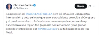 El senador Christian Garcés celebró la decisión del Senado de aprobar el traslado del Congreso para la posesión de De la Espriella - crédito @ChriGarces/X