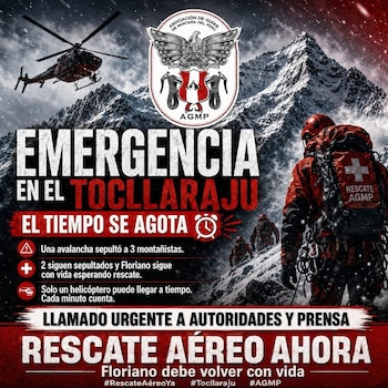 Póster de rescate con helicóptero, montañas nevadas y tres montañistas en equipo rojo, junto al logo de la AGMP. Texto pide 'RESCATE AÉREO AHORA'