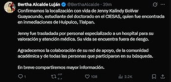 Hallan con vida a Jenny Kalindy, estudiante ecuatoriana reportada como desaparecida en Coyoacán. Captura de pantalla