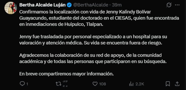 Hallan con vida a Jenny Kalindy, estudiante ecuatoriana reportada como desaparecida en Coyoacán. Captura de pantalla