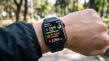 Reloj inteligente en una muñeca que muestra en pantalla un registro de 7845 pasos y tiempo de actividad sobre un fondo de parque.