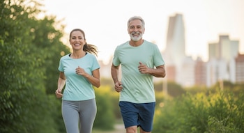 Hombre y mujer argentinos de 50 años trotan sonriendo en una reserva urbana. Visten ropa deportiva en tonos pastel, con vegetación y edificios al fondo.