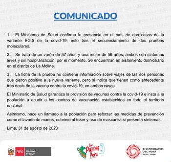 Comunicado del Ministerio de Salud