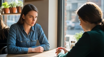 Dos mujeres en un café. Una mujer con cabello castaño y camisa de mezclilla mira a la derecha con el ceño fruncido. La otra mujer se ve de espaldas frente a una ventana.