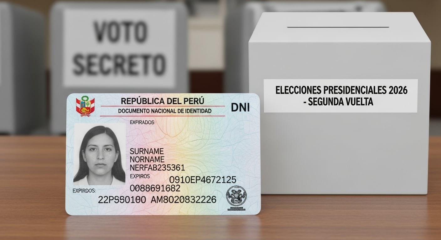 Un Documento Nacional de Identidad (DNI) peruano, posiblemente vencido, junto a una urna electoral que indica