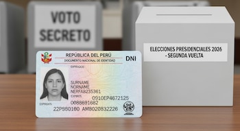 Primer plano de un DNI peruano con "EXPIRADOS" visible, frente a una urna electoral que muestra "Elecciones Presidenciales 2026 - Segunda Vuelta".
