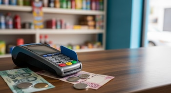 Una terminal de cobro electrónico, billetes y monedas de peso mexicano sobre un mostrador de madera, con estantes de productos desenfocados al fondo.