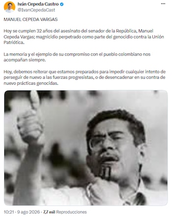 Iván Cepeda exige justicia a 32 años del asesinato de Manuel Cepeda Vargas - crédito @IvanCepedaCast/X