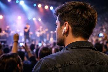 Un hombre de espaldas lleva una chaqueta de mezclilla oscura y un AirPod blanco en su oreja derecha, en un concierto con el escenario y la multitud difuminados.