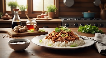 Un plato de cerdo desmenuzado con arroz, cebolla de verdeo y cilantro. En primer plano, un tazón de salsa. Al fondo, jengibre, salsa de soja, miel y una cocina.