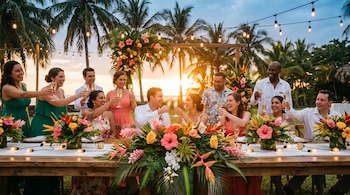 Mesa larga de madera decorada con arreglos florales tropicales y guirnaldas de luces, rodeada de invitados brindando copas de champán al atardecer, con palmeras al fondo.
