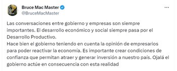 Publicación de Bruce Mac Master, presidente de la Andi, sobre reunión entre Gustavo Petro y empresarios - crédito @BruceMacMaster/X
