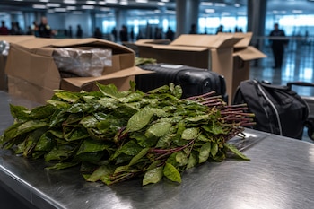 Hojas verdes con tallos rojizos sobre una mesa metálica junto a cajas de cartón abiertas y maletas en un aeropuerto.