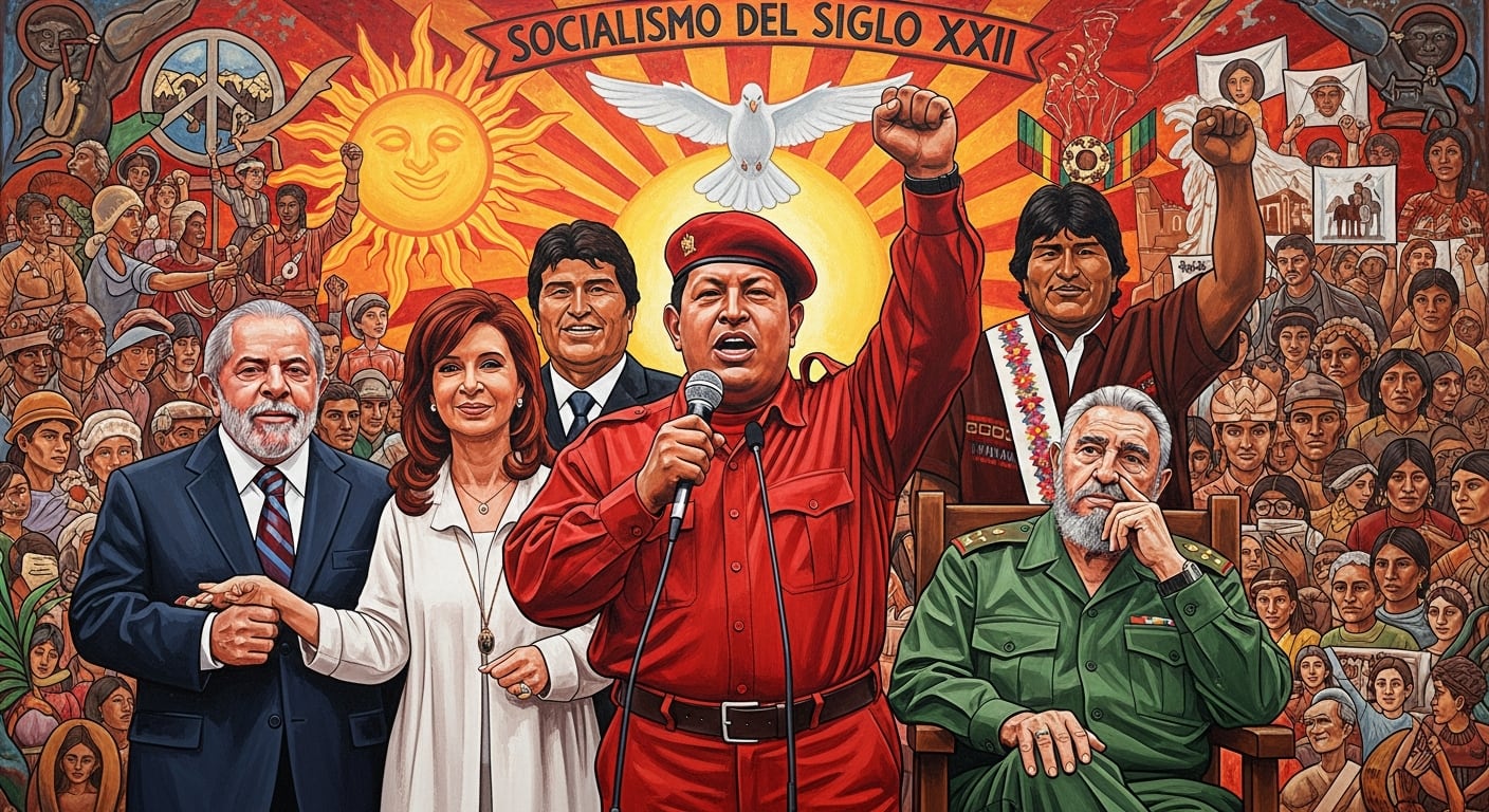 Mural alegórico con Hugo Chávez al centro, acompañado por Fidel Castro, Lula da Silva, Cristina Kirchner y Evo Morales, representando la ideología del Socialismo del Siglo XXI entre una multitud. (Imagen Ilustrativa Infobae)
