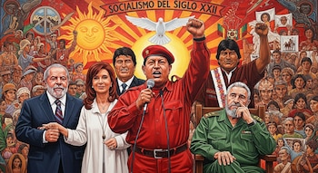Mural vibrante que muestra a líderes latinoamericanos como Chávez, Castro, Lula, Kirchner y Morales entre una multitud bajo un sol y una paloma.