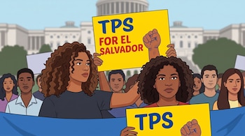 Ilustración de personas reunidas frente al Capitolio sosteniendo pancartas amarillas con las letras TPS FOR EL SALVADOR.