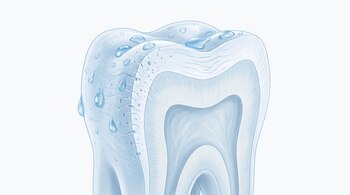 Ilustración científica de un diente en sección transversal, mostrando las capas de esmalte, dentina y pulpa. Gotas de líquido azul cubren el esmalte exterior.
