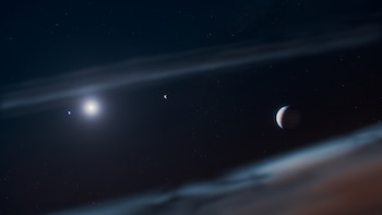 An undated image provided by NASA shows an artist’s concept of the Beta Pictoris system, which contains three gas giant exoplanets, 63 light-years from Earth. Radio waves streaming from an alien planet may offer a new tool in the hunt for life elsewhere in the universe. Beta Pictoris b appears to have an aurora caused by a powerful magnetic field. (NASA/ESA/CSA/STScI/Ralf Crawford (STScI) via The New York Times) — NO SALES; FOR EDITORIAL USE ONLY. —