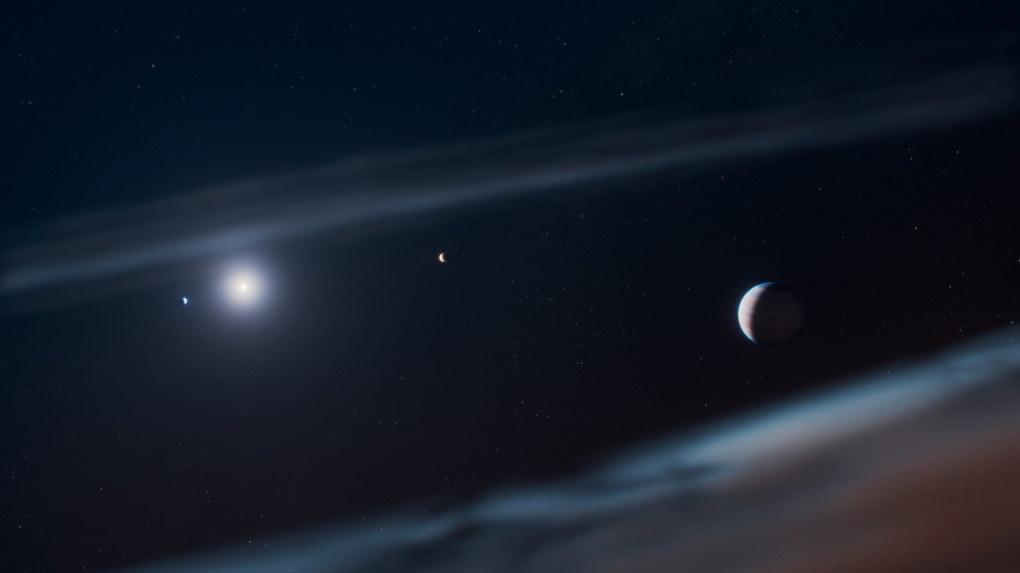 An undated image provided by NASA shows an artist’s concept of the Beta Pictoris system, which contains three gas giant exoplanets, 63 light-years from Earth. Radio waves streaming from an alien planet may offer a new tool in the hunt for life elsewhere in the universe. Beta Pictoris b appears to have an aurora caused by a powerful magnetic field. (NASA/ESA/CSA/STScI/Ralf Crawford (STScI) via The New York Times) — NO SALES; FOR EDITORIAL USE ONLY. —