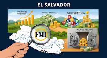 Ilustración del mapa de El Salvador con crecimiento económico, remesas, inversión extranjera y reservas. Una mano sujeta una lupa con el FMI sobre el mapa.