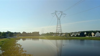 Un lago con vegetación acuática y dos patos, una torre de transmisión eléctrica con líneas, casas, árboles y un cielo azul