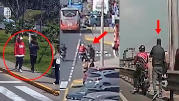 Tres paneles de videovigilancia. Primero: dos hombres en acera. Segundo: motocicletas y tráfico. Tercero: hombre en motocicleta y hombre a pie en puente