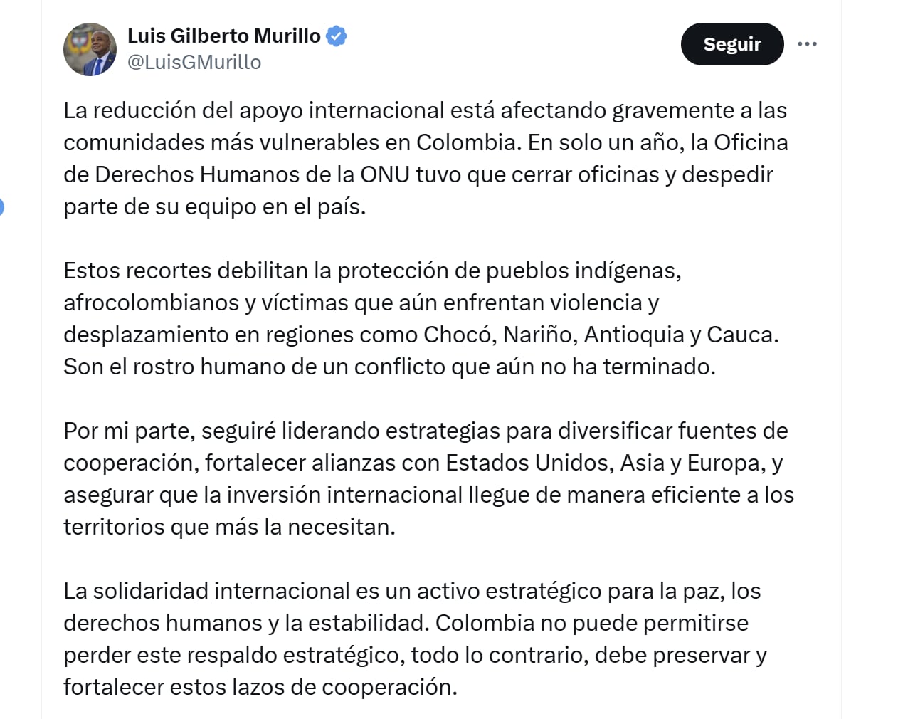 El excanciller Luis Gilberto Murillo rechazó falta de ayuda internacional para la ONU y recordó que la solidaridad es un activo estratégico para la paz - crédito @LuisGMurillo/X