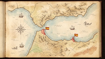Un mapa de estilo antiguo ilustra la ubicación de Ceuta y Melilla, ciudades españolas, flanqueadas por el Estrecho de Gibraltar y el mar Mediterráneo. (Imagen Ilustrativa Infobae)