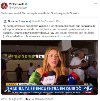 Vicky Dávila elogia la labor humanitaria de Shakira en el Chocó - crédito @VickyDavilaH/X