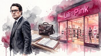 Un hombre con traje y gafas junto a un maletín, documentos legales y una tienda Lili Pink con maniquíes y ropa interior en acuarela.