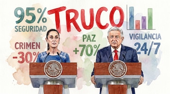 Pintura en acuarela de Claudia Sheinbaum y Andrés Manuel López Obrador tras podios, con texto y gráficos de seguridad, crimen y paz, y la palabra 'TRUCO' en rojo.