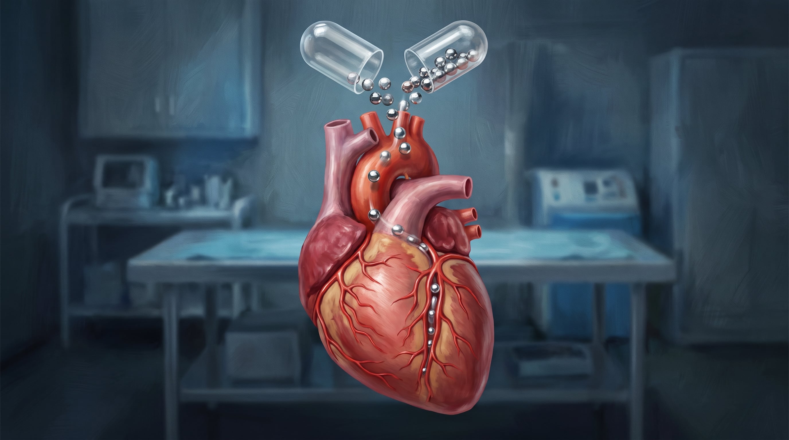Una cápsula farmacéutica abierta vierte microesferas de zinc en la aorta y las arterias coronarias de un corazón humano dentro de una sala clínica (Imagen Ilustrativa Infobae)