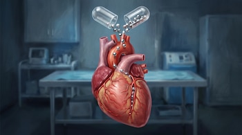 Un corazón humano bajo una cápsula abierta de la que caen esferas metálicas hacia las arterias, frente a una mesa médica en penumbra.