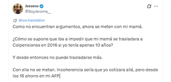 Sanabria afirmó que a su madre le faltan dos años para pensionarse y no puede cambiar de régimen - crédito @SoyJerome_/X