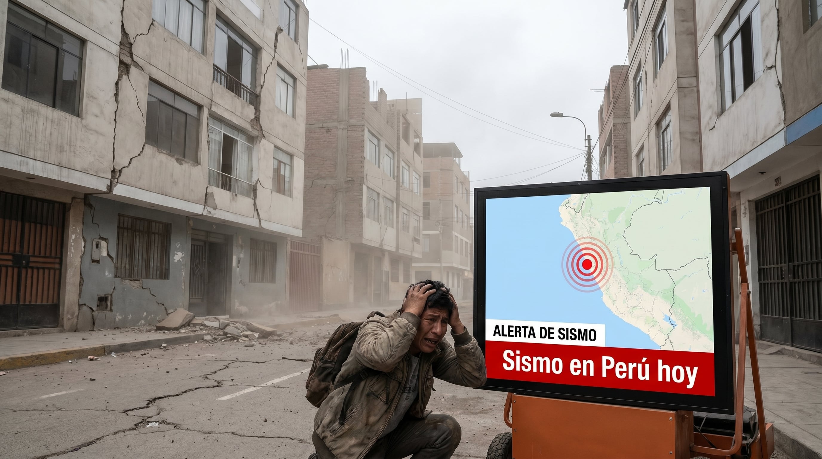 Una persona asustada se agacha en una calle con edificios dañados por grietas, mientras una pantalla muestra un mapa de Perú con una alerta de sismo y el texto