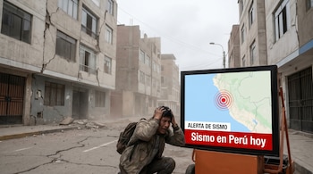 Persona asustada agachada en calle con grietas. Edificios dañados con fisuras. Pantalla muestra mapa de Perú con alerta de sismo y texto 'Sismo en Perú hoy'.
