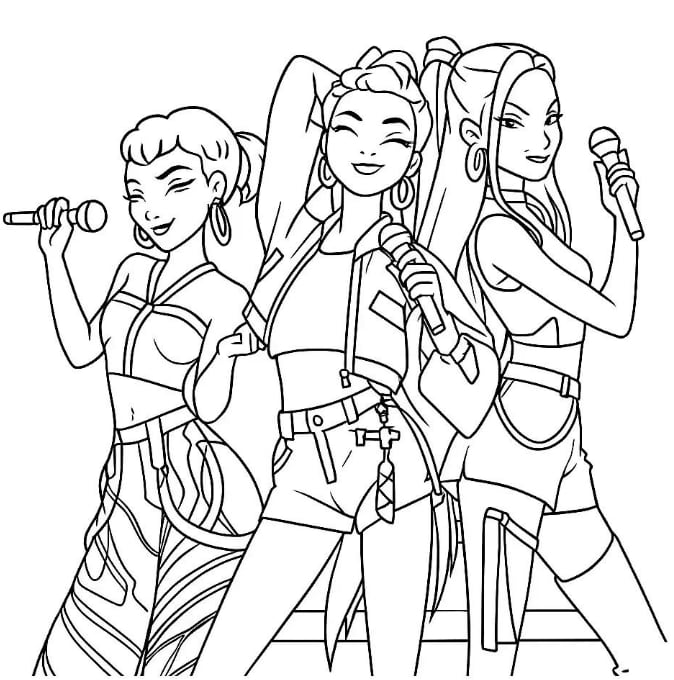 Las integrantes de HUNTR/X protagonizan una escena musical con micrófonos y luces, una opción para recrear fondos inspirados en los conciertos de K-pop.
